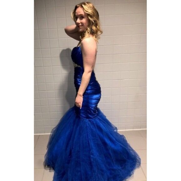 GORGEOUS PREOWNED VINTAGE BLUE MORI LEE MERMAID TULLE CRYSTAL BEADED GOWN SZ 8 - Picture 3 of 13